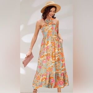 GRACE KARIN Halterneck Ruched Bodice Tiered A-Line Dress